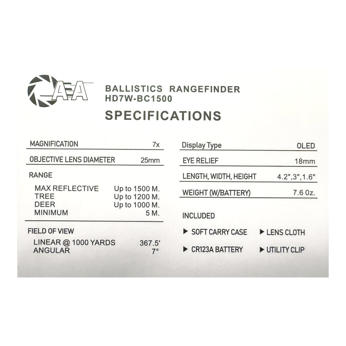 AEA HD7W-BC1500 rangefinder specifications